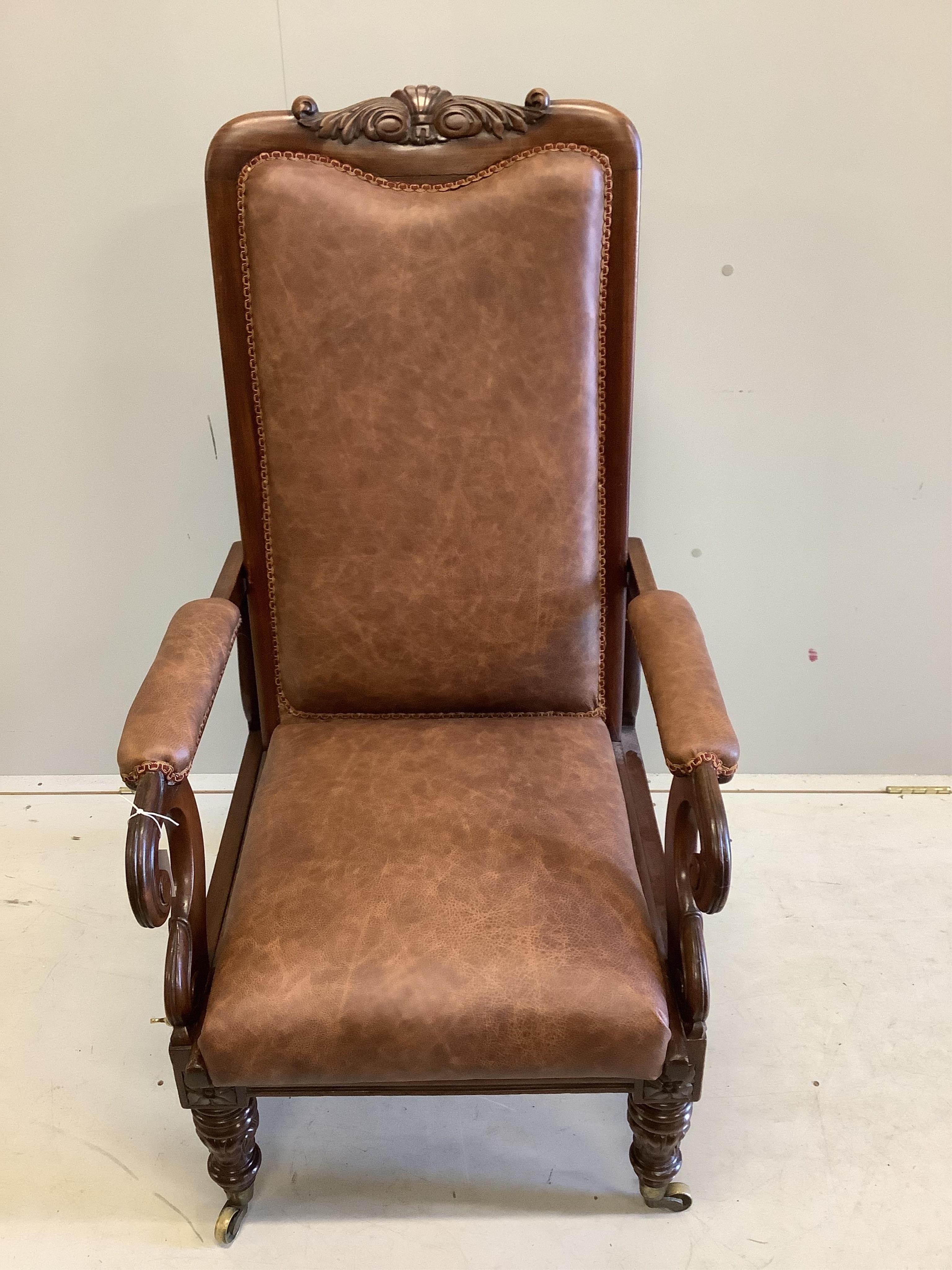 A William IV mahogany reclining open armchair, width 63cm, depth 66cm, height 114cm. Condition - fair to good.